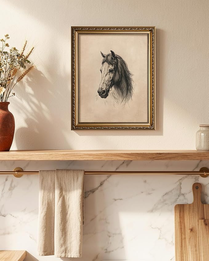 WHASAYART Vintage Horse Portrait 13x16 Gold Framed Wall Art Canvas Print | Rustic Farmhouse Animal Sketch, Neutral Beige Equestrian Artwork for Living Room Bedroom Office Wall Decor