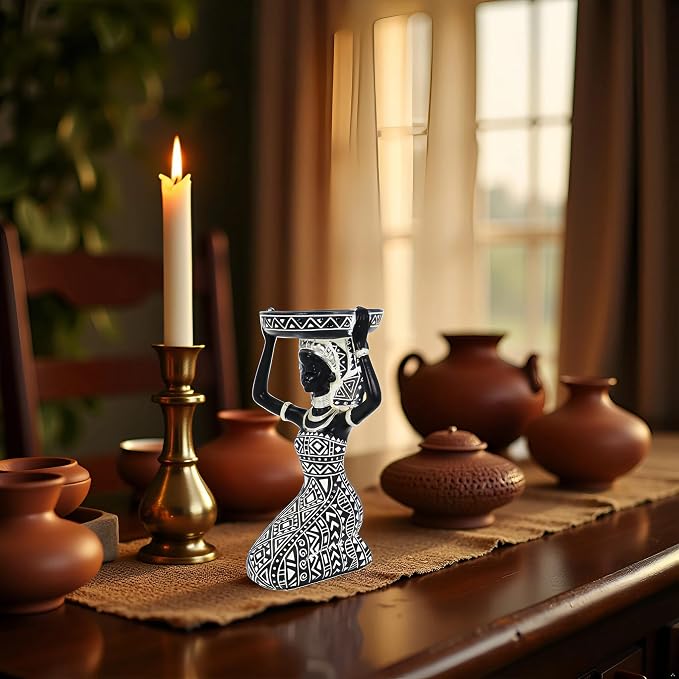 Lescafita African Lady Figurine Candle Holder with African Tribal Totem for Wedding,Church,Holiday Decor-African Decorative Women Statues, Candlestick Holder for Home and Table Decor(753-B)