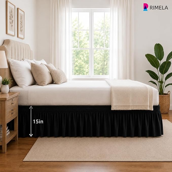 Black Bed Skirt King Size 15 Inch Drop, Elastic Wrap Around Bedskirt | Solid Ruffled, Easy to Use, No Mattress Lifting, Wrinkle & Fade Resistant, with Adhesive Strips, Machine Wash/Dry/Iron
