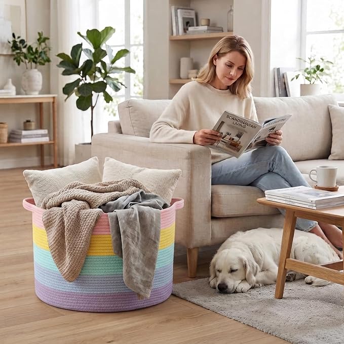 115L Large Blanket Basket,Rope Woven Laundry Basket-Colorful | Collapsible, reinforced handles, nursery storage bin organizes clothes, toys and pillows for living room, bedroom bathroom