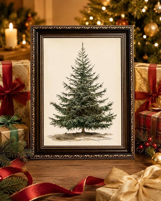 Framed-Vintage Christmas Tree Wall Art, 16×24 Inch | Farmhouse Winter Pine Canvas Prints, Holiday Wall Decor for Living Room Bedroom