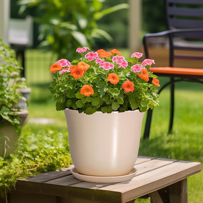 Ceramic Plant Pots, 12 Inch Plant Pot with Drainage, Beige | Large Round Flower Pot for Indoor, Modern Planter with Tray, Decorative Planters, Home Garden Decor, Garden Gifts