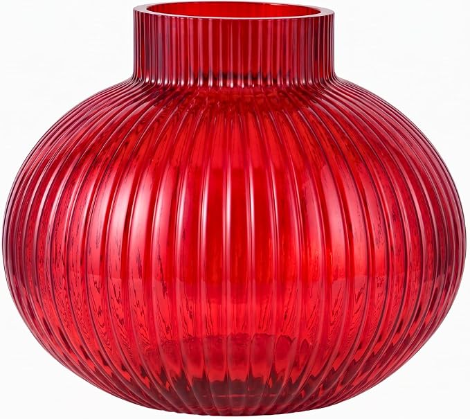 Red Glass Vase, Flower Vases for Bouquet, Ribbed Glass Vases for Flowers, Small Red Vase for Living Room, Office, Coffee Table, Shelf, Wedding, 6 Inches