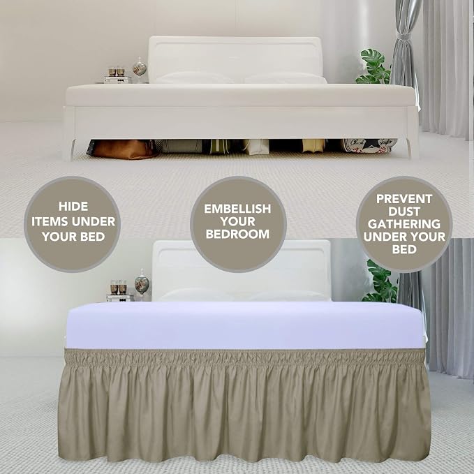 PureFit Wrap Around Ruffled Bed Skirt, Sand, Queen/King - 14" Drop | Wrinkle Free Bedskirt Dust Ruffles, Easy to Put On Frame Cover with Adjustable Elastic Belt