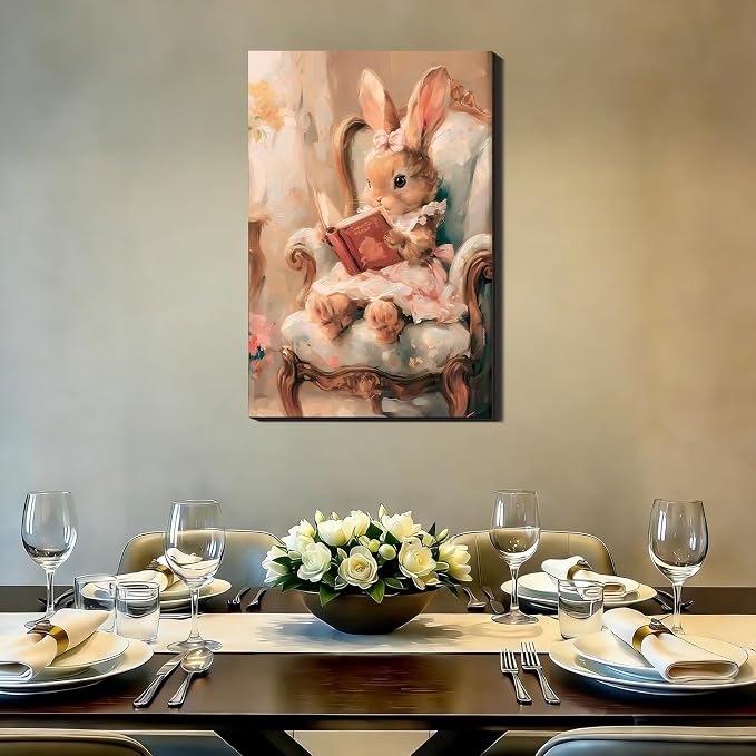 RIBNTAK Large Rabbit Reading Book Canvas Wall Art 24x36, Framed Easter Bunny Art Prints Rustic Paintings Pictures for Kids Friends Home Bedroom Living Room Holiday Wall Decor