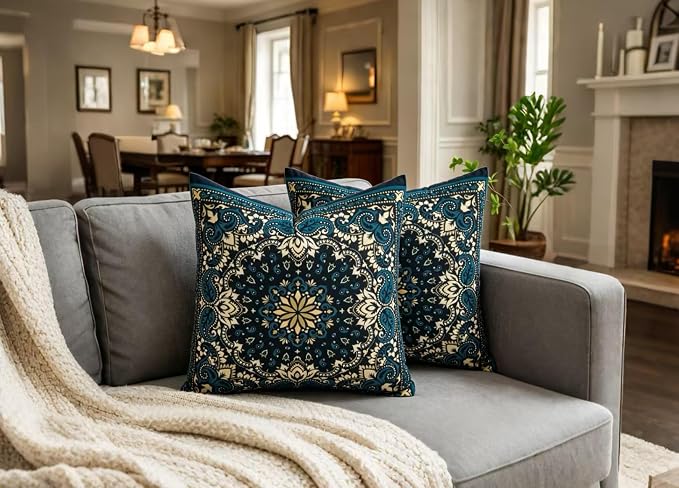 Boho Throw Pillow Covers 18X18 Inch Set of 2 Bohemian Soft Velvet Couch Pillow Cases Farmhouse Decorative Pillow Covers for Sofa Living Room Bedroom Outdoor Patio Porch Indigo Motif