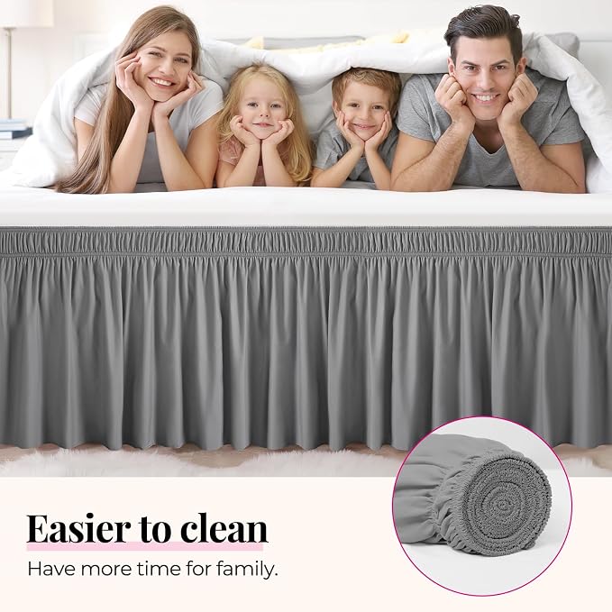 RIMELA Gray King Size Bed Skirt 18 Inch Drop, Elastic Bed Skirts Cal King Dust Ruffle, Light Grey Bedskirt for Adjustable Bed Base Solid Fade Resistant Silky Fabric Machine Washable Easy to Install | Solid Ruffled, Easy to Use, No Mattress Lifting, Wri...
