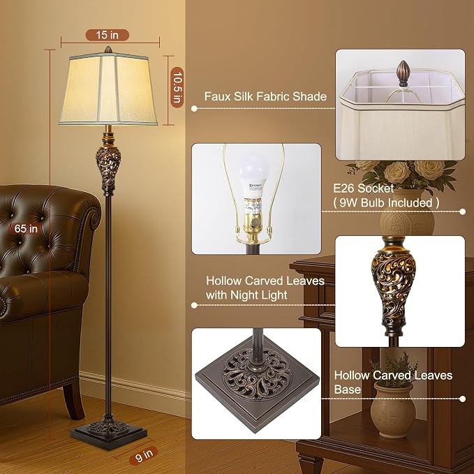 Vintage Floor Lamp with Night Light for Bedroom, Dark Brown Finish