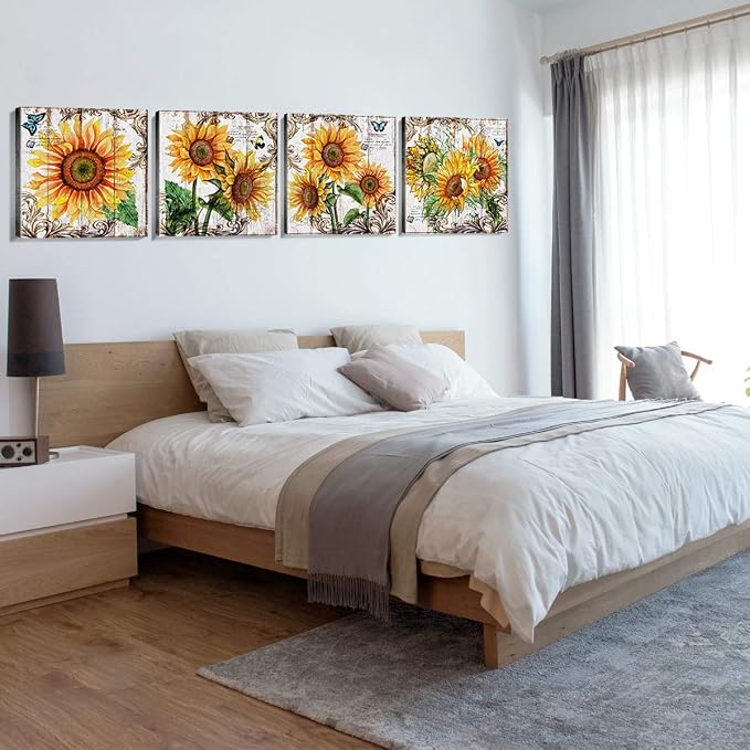 Sunflower Canvas Wall Art Prints Room Decor For Home Office Apartment Wall Decor 24x24 Inch Rustic Sunflower Bathroom Pictures Wall Decorations Inspirational Kitchen Country Artwork Poster 4 Pcs