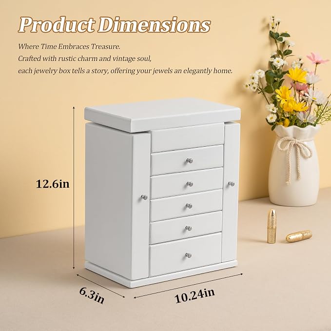 Emfogo Wooden Jewelry Box for Women, 6-Tier Large Jewelry Organizer Boxes with Mirror Rustic Solid Wood jewlery Storage for Rings Earrings Necklaces Bracelets watches(White)