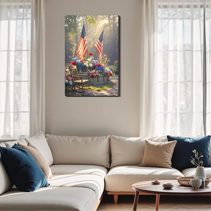 Framed American Flag Floral Garden Wall Art, Patriotic 4th of July Canvas Art Pictures, USA Flag Flower Wall Decor, Made in USA Ready to Hang for Living Room Porch