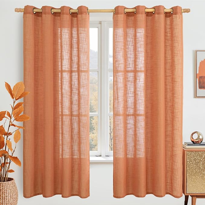 Linen Curtains for Living Room 72 Inch Length 2 Panels, Burnt Orange | Semi Sheer Light Filtering Panels, Neutral Rustic, Farmhouse Boho, Drapes for Bedroom, Bronze Grommet, 52 x 72 Inch