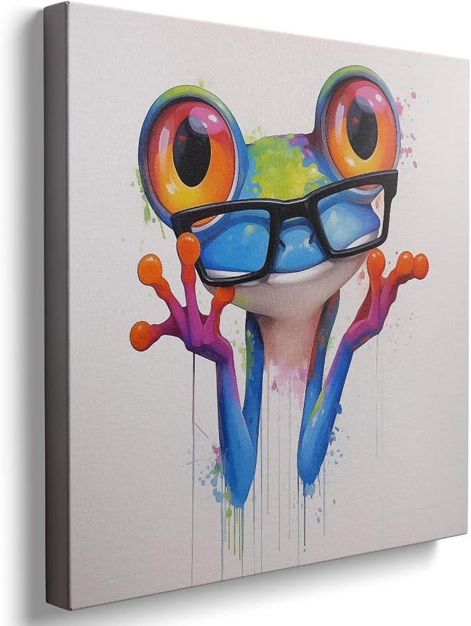 Ypxzzj Colorful Frog Canvas Wall Art for Bedroom Nursery Kids Room Living Room, Cute Animal Frog with Glasses Paintings Pictures for Home Decor, Modern Artworks Framed Ready to Hang