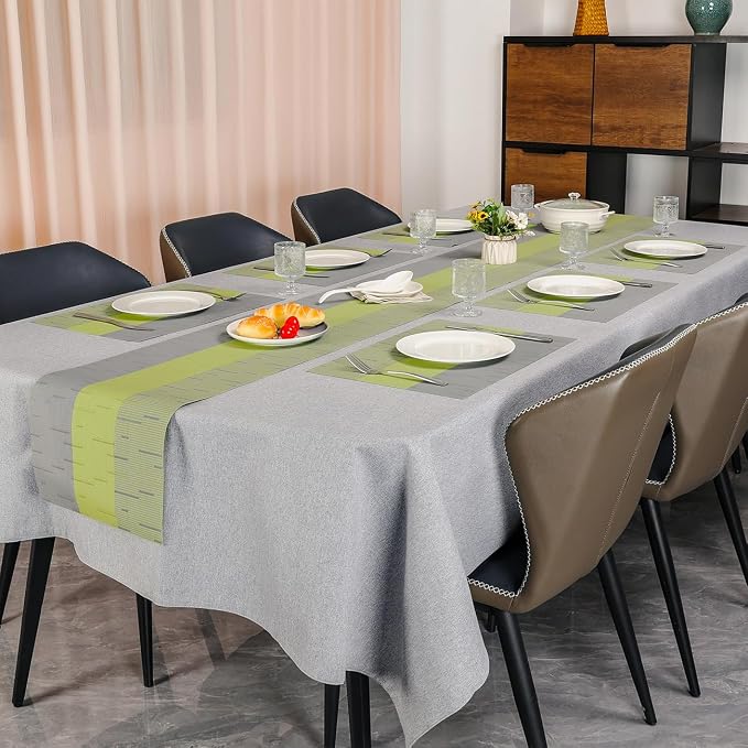 Placemats Set of 6, Vinyl Woven Heat-Resistant Place Mats | Washable Wipeable PVC Table Mats, Non Slip Placemat for Kitchen Dining Indoor Outdoor Table (Gray Grass Green, Set of 6)