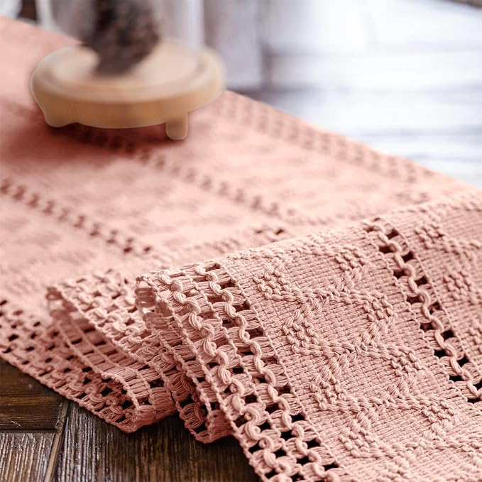 Macrame Table Runner Pure Pink Boho Table Runners with Tassels 12x48in | Alynsehom Hand Woven Cotton Table Runner Rustic Farmhouse Table Runners for Bohemian Kitchen Dining Table