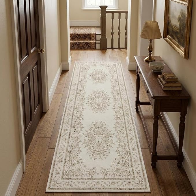 GarveeHome 2x6 Runner Rug for Hallway Vintage Distressed Floral Throw Rug | Machine Washable Leaf and Flower Long Carpets for Laundry Room Non-Slip Low Pile Beige Runners Soft Area Rug for Bedroom