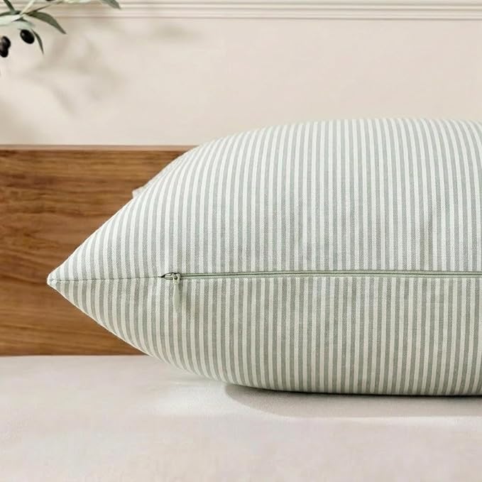Sage Green Farmhouse Striped Outdoor Throw Pillow Cover 18x18 Set of 2 | Soft & Breathable Couch Pillow Cases, Green Outdoor Pillow Covers 18 x 18,Sage Green Farmhouse Decorative Couch Pillow Covers