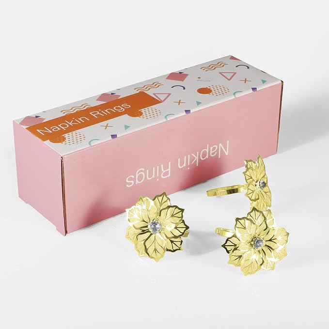 Picowe Set of 12 Alloy Napkin Rings with Hollow Out Flower Napkin Ring Holders for Wedding Party Holiday Banquet Christmas Dinner Delicate Serviette Buckles Decor Favor (Gold)