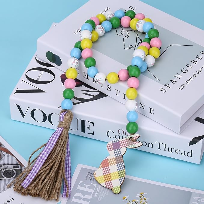 Easter Wood Bead Garland, 38.6" Spring Wood Beads Garland with Tassel, Wooden Beaded Easter Boho Decor Farmhouse Rustic Hanging Decorations for Home Room Wall Tiered Tray Shelf, Plaid Bunny