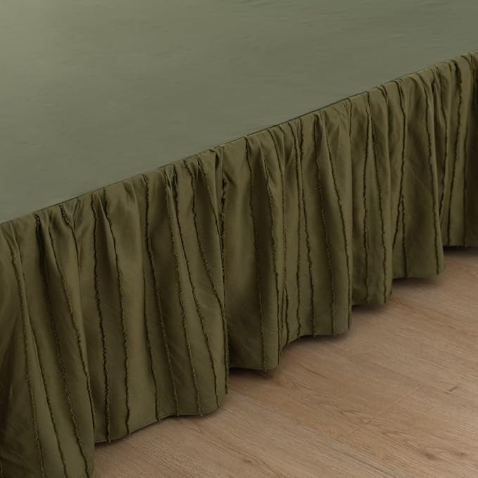 Bed Skirt King Size - Ruffled Bed Skirt - with Split Corners - Green | Striped Boho Tufted -18 Inch Drop Bedskirt with Platform-Soft Premium Hotel Quality - Easy Fit