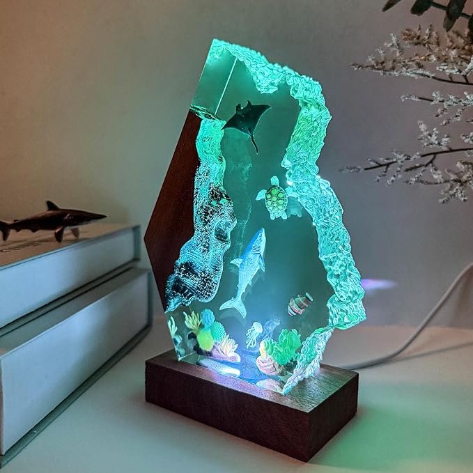 Handmade Shark Resin Ocean Lamp with Woodden Base