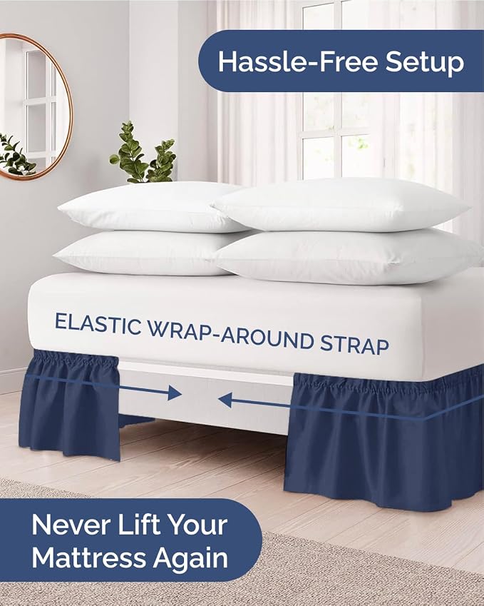 Wrap Around Dust Ruffle Bed Skirt, Full Size Beds - 24 Inch Drop, Navy Blue | Easy Fit Elastic Strap, Adjustable Pleated Bedskirt w/Brushed Fabric, Wrinkle & Fade Free, for Women, Men, Kids & Teens