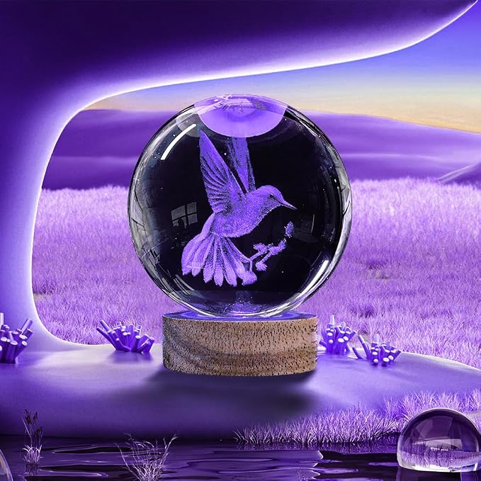3D Hummingbird Crystal Ball Night Light 3.15 inch Hummingbird Figurines Glass Ball Lamp with 16 Color Changing and Remote Hummingbird Decor Gifts Ideal for Women Friends Christmas Birthday