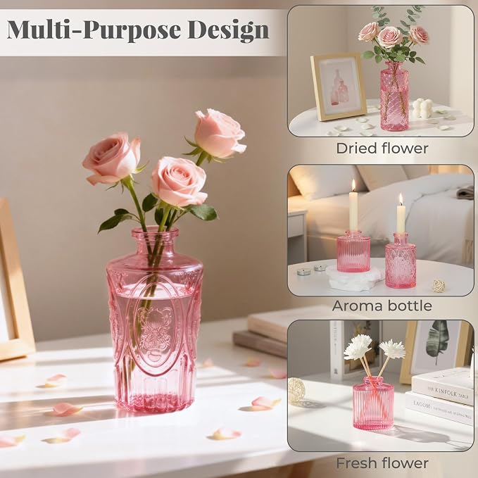 BEAHOT 24 Pack Pink Bud Vases in Bulk,Mini Glass Vintage Vases for Centerpieces,Wedding Decor, Small Flower Vases for Party & Home Decaration,Mother's Day (Pink)
