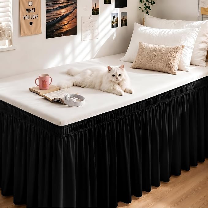 Black Twin XL College Dorm Bed Skirt 32" Drop, Elastic Wrap Dust Ruffle | Raised Bed Fit, Hides Underbed Storage, No Mattress Lifting, Soft Microfiber, Durable Fabric, Machine Washable, Clean Look