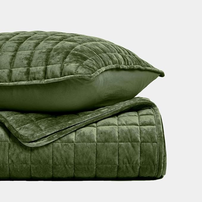 RECYCO Channel Box Stitch Velvet Quilt Set, King Size, Loden Green | Ultra Soft Lightweight Velvet Comforter, Luxury Oversized Bedspread Coverlet, Quilted Bedding Set for All Season with 2 Shams