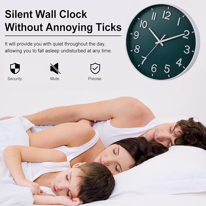 HZDHCLH 12 Inch Silent Wall Clock Battery Operated Non Ticking Dark Green | 12 inch Silent Non Ticking Modern Wall Clock for Living Room Bedroom Kitchen Office Classroom Decor