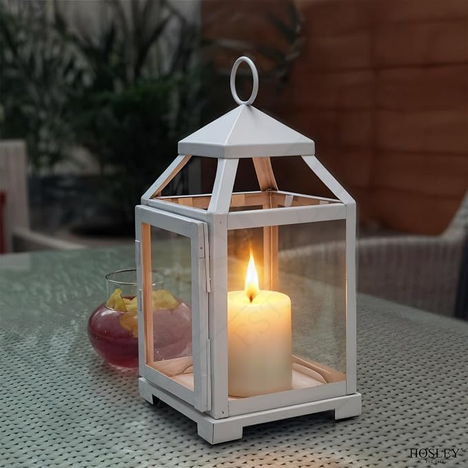 Hosley Set of 2 Clear Glass and Iron White Color Farmhouse Classic Style Lantern 12 Inch High Ideal Gift for Weddings Bridals Special Occasions Parties Aromatherapy and Spa Settings O4