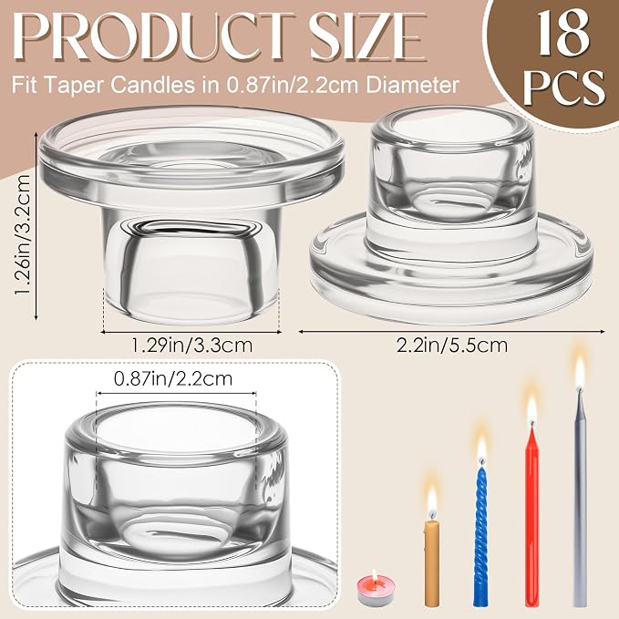 18 Pcs Glass Taper Candle Holders Candlestick Holders Clear Short Tapered Candle Holder Bulk, Elegant Glass Candle Sticks Set for Wedding Christmas Table Centerpiece