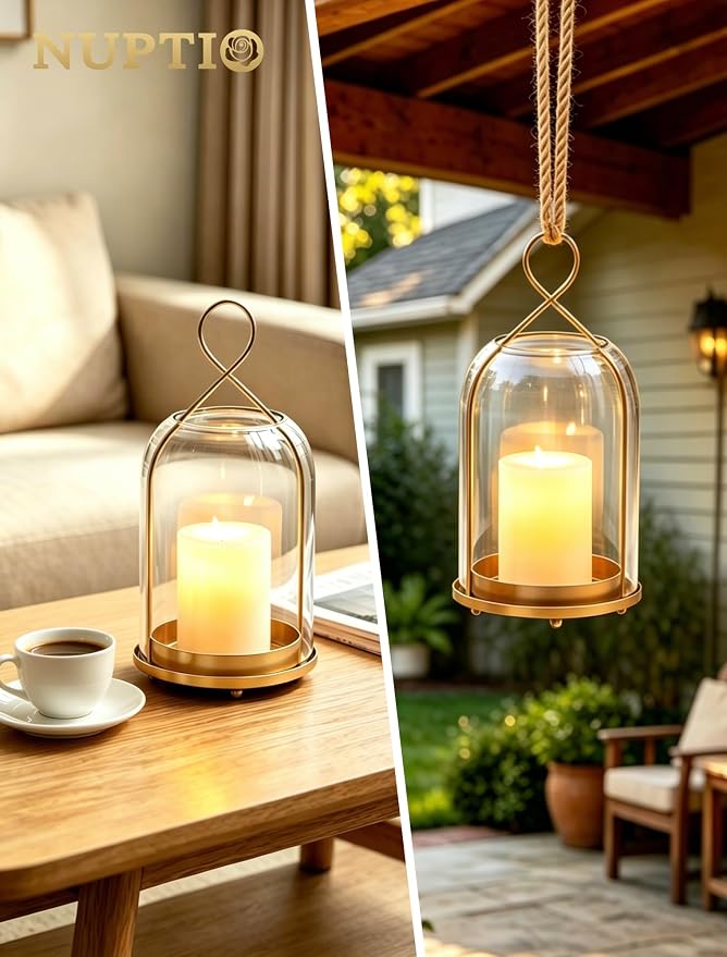 NUPTIO Glass Lanterns Decorative Outdoor, Gold Hurricane Candle Holders | Set of 2 Hanging Lantern for Pillar Candles, Table Centerpiece for Home Thanksgiving Christmas Party
