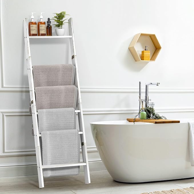 Honest Blanket Ladders for the Living Room, 6-Tier Blanket Holder, Wall-Leaning Blanket Rack, Ladder Shelves, Wooden Quilt Ladder, Farmhouse Decor, White