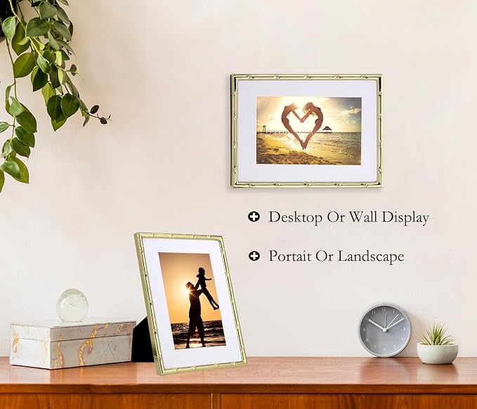 YiPinYin 6x8‘’ Bamboo Detail Gold Metal Picture Frame 2pack,6x8'' Gold Plated Photo Frames Mat for 4x6‘',with Soft Velvet Backing for Desktop and Wall Décor