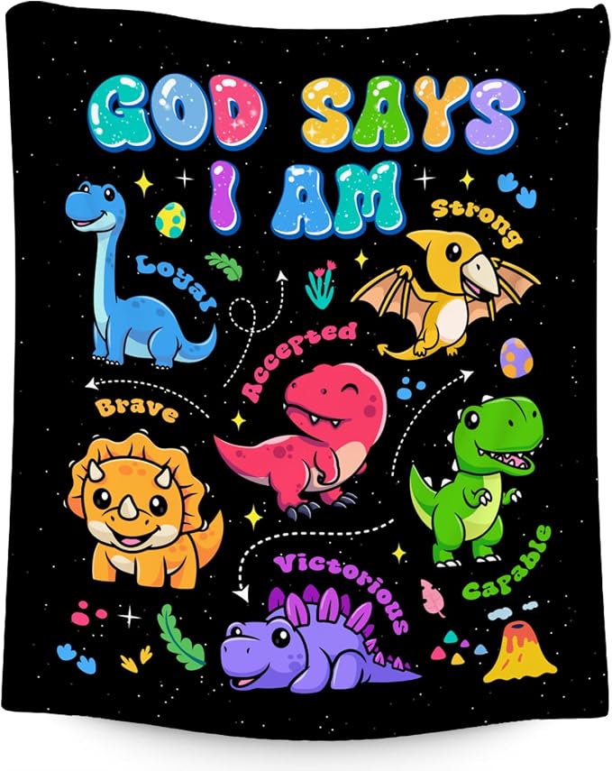 God Says I Am Dinosaur Blanket for Boys, Inspirational Kids Throw Blanket, Soft Plush, 50"x60"