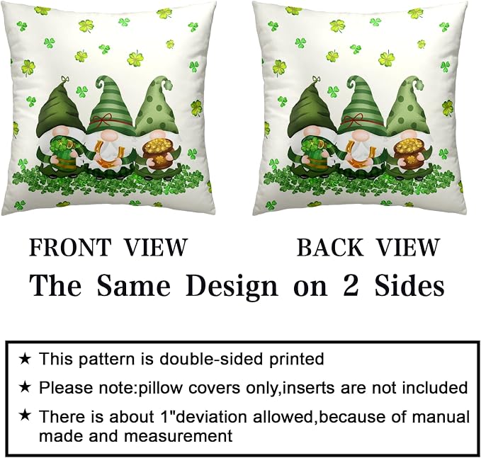 Green Clover Shamrock Decorative Throw Pillow Covers 16x16 Set of 2 St Patricks Day Cushion Case Lucky Gnomes Square Pillow Cases for Chair Sofa Bedroom Living Room Home Decor