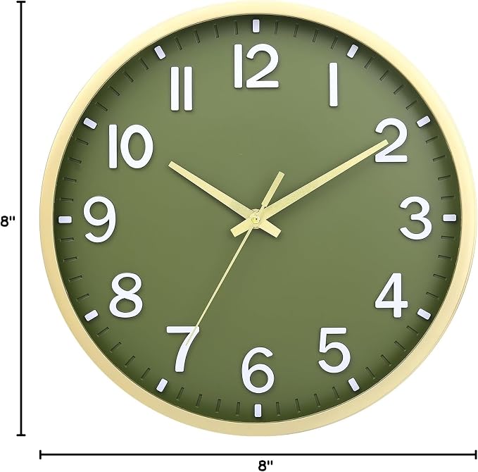 Wall Clocks Battery Operated 8 inch Modern Wall Clock,Silent Non Ticking Wall Clock for Living Room Bedroom Kitchen Office Classroom Decor (Green Gold)