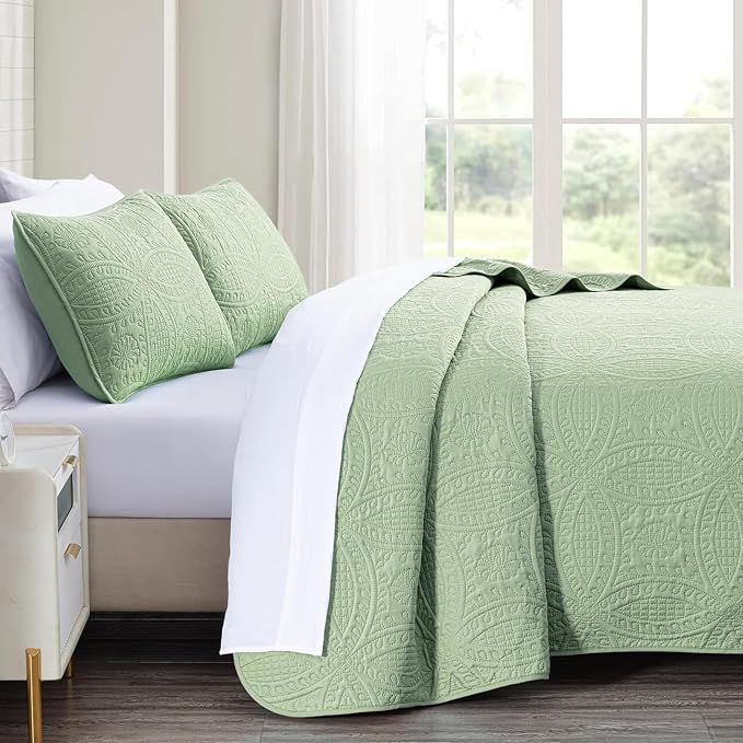 akkialla Quilts Queen Size,Sage Green Ultrasonic Full/Queen Quilt Set,Lightweight Soft Bedspread Coverlet,Modern Style Coin Pattern Bed Cover for All Seasons,3 Piece(1 Quilt,2 Pillow Shams)