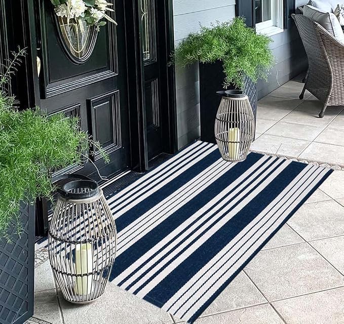 Blue and White Layered Doormat 27.5"x43.3"Cotton Door Mat Outdoor Porch Rug | Hand-Woven Washable Farmhouse Indoor/Outdoor Rug Combined With Hello Welcome Mat