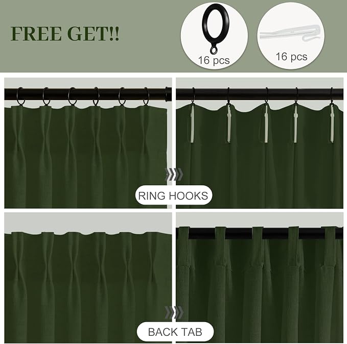 Pinch Pleated Sheer Linen Blend Curtains Light Filtering for Living Room | Living Room, Semi Sheer, Pinch Pleat, Bedroom, Hook Rings, Non See Through, Memory Shape, W40xL96, Olive Green, 2 Panels