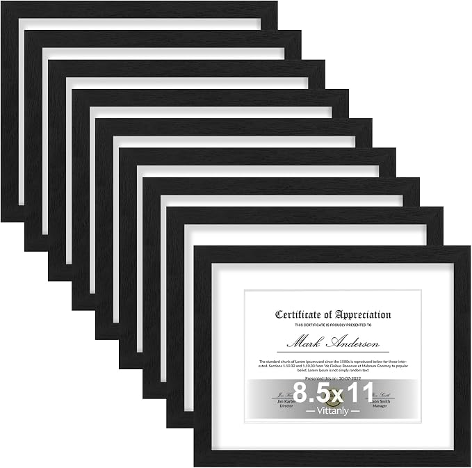 Vittanly 8.5x11 Picture Frames Set of 9 for Wall Mount or Tabletop, Black | Certificate Frame Display Pictures 6x8 with Mat or 8.5x11 without Mat, Diploma Document Degree Frames, Engineered Wood