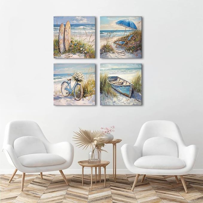 Rustic Coastal Wall Art Beach Picture Vintage Flowers Bicycle Wall Decor for Bathroom Bedroom Nautical Theme Seascape Floral Prints Boat Still Life Poster Artwork Living Room Home Decoration 20x20" 4p