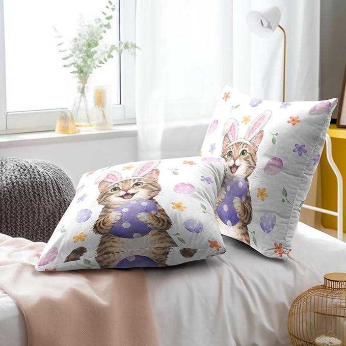 Easter Cat Pillow Covers 24x24 Inches Set of 2 Cute Bunny Ear Cat Pillowcase Kitten Eggs Floral Cotton Cushion Covers Spring Holiday Pillow Cases for Home Sofa Couch