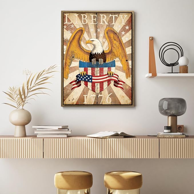 American Flag Framed Canvas Wall Art, 4th of July Patriotic Canvas Prints | USA Flag with Bald Eagle Poster Print, Vintage Independence Day Wall Decor for Bedroom Living Room 11×14in