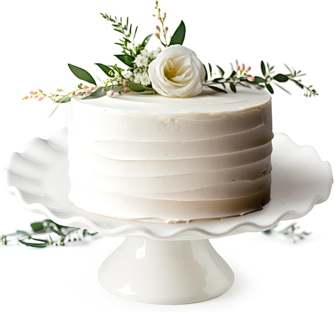 White Cake Stand for 8 Inch Cake, 10 Inch Cake Stands for Tea Party | Porcelain Round Dessert Stand, Small Cake Plate Cupcake Stand for Dessert Table Display, Farmhouse Kitchen Decor, Ruffle Trim