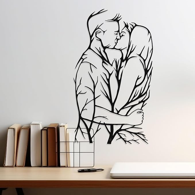 DUOOLN Metal Couple Wall Art, Life Tree Decorations Lovers Bedroom Decor. | Kissing Silhouettes Pictures|Minimalist Romantic Sculpture |Home Office Headboard Bathroom Ornaments|Black 43x25cm