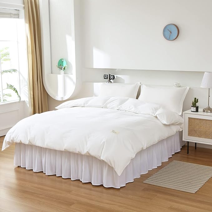 MEILA Wrap Around Elastic Bed Skirt for Twin & Full Beds, 24" Drop, White | Three-Side Adjustable Elastic Dust Ruffle, Ruffled Polyester Fabric, Easy to Install, Fade Resistant & Machine Washable