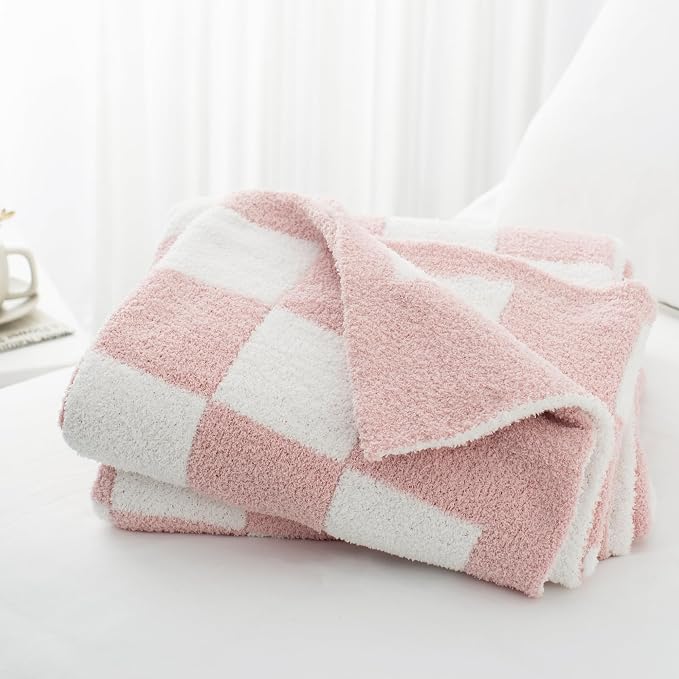 Carriediosa Checkered Throw Blanket 50x60, 400GSM Ultra Soft Microfiber | Dusty Pink, Fuzzy Fluffy Cozy Plush Knit Knitted Plaid Checker, Lightweight Cute Preppy Fall Blankets & Throws for Couch, Bed